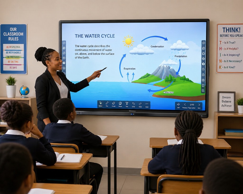 Teacher using an interactive smartboard with students in a classroom